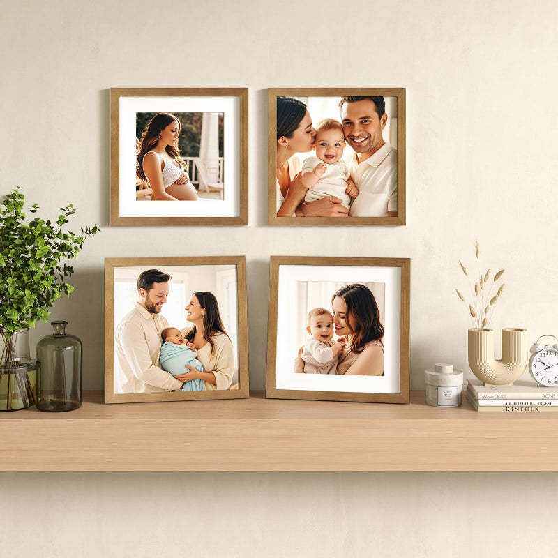 Egofine 11x11 Picture Frames 4 Pack Covered by Plexiglass, Display Pictures 8x8 with Mat or 11x11 Without Mat Made of Solid Wood for Table Top Display and Wall Mounting Photo Frame, Light Brown - Image 5